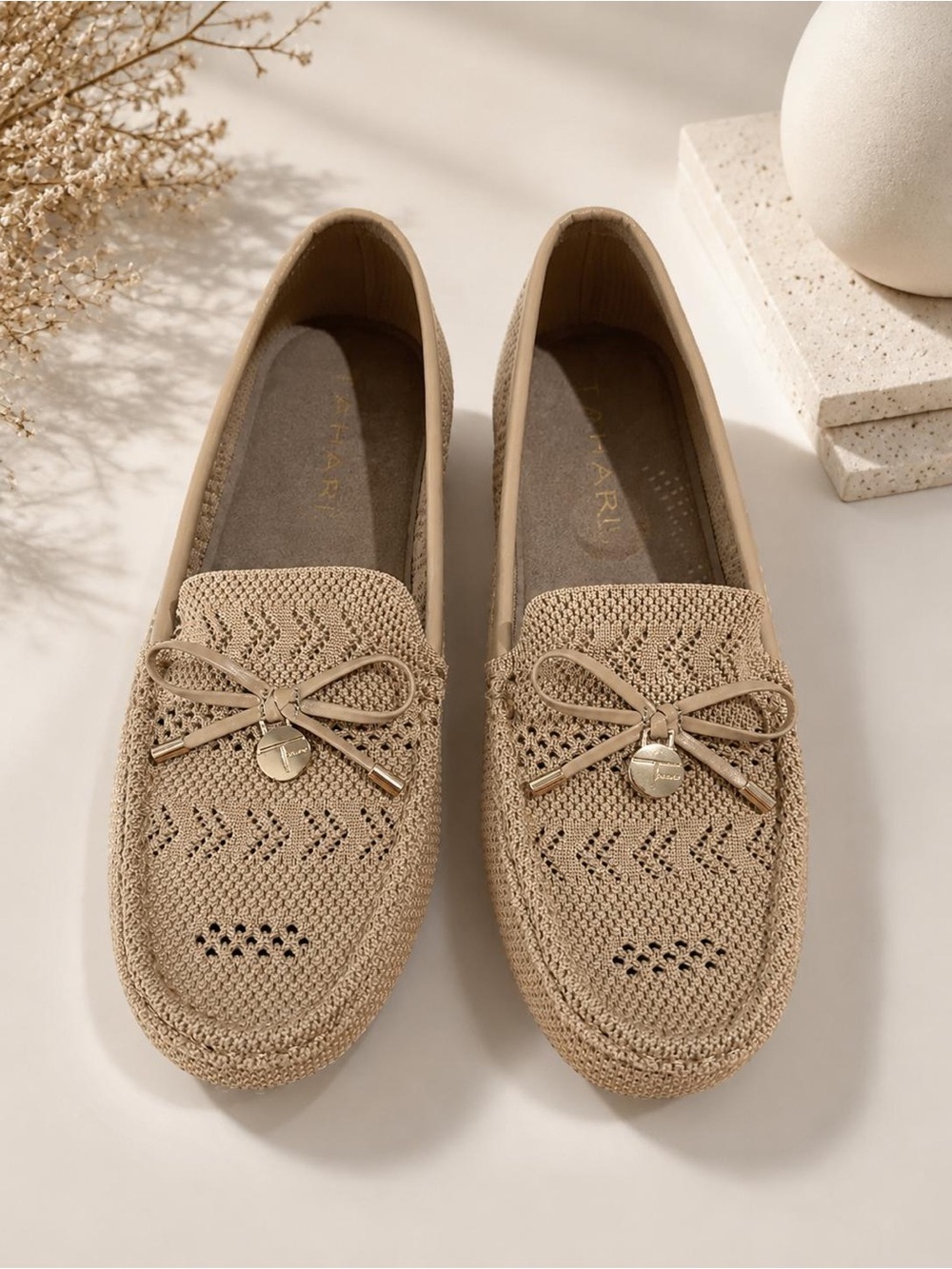Tahari Beige Knit Bow Loafers with Gold Charm